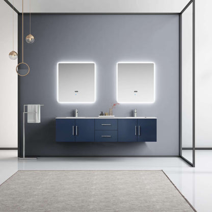 Geneva 80" Navy Blue Double Vanity, White Carrara Marble Top, White Square Sinks and 30" LED Mirrors - LG192280DEDSLM30