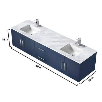 Geneva 80" Navy Blue Double Vanity, White Carrara Marble Top, White Square Sinks and 30" LED Mirrors - LG192280DEDSLM30