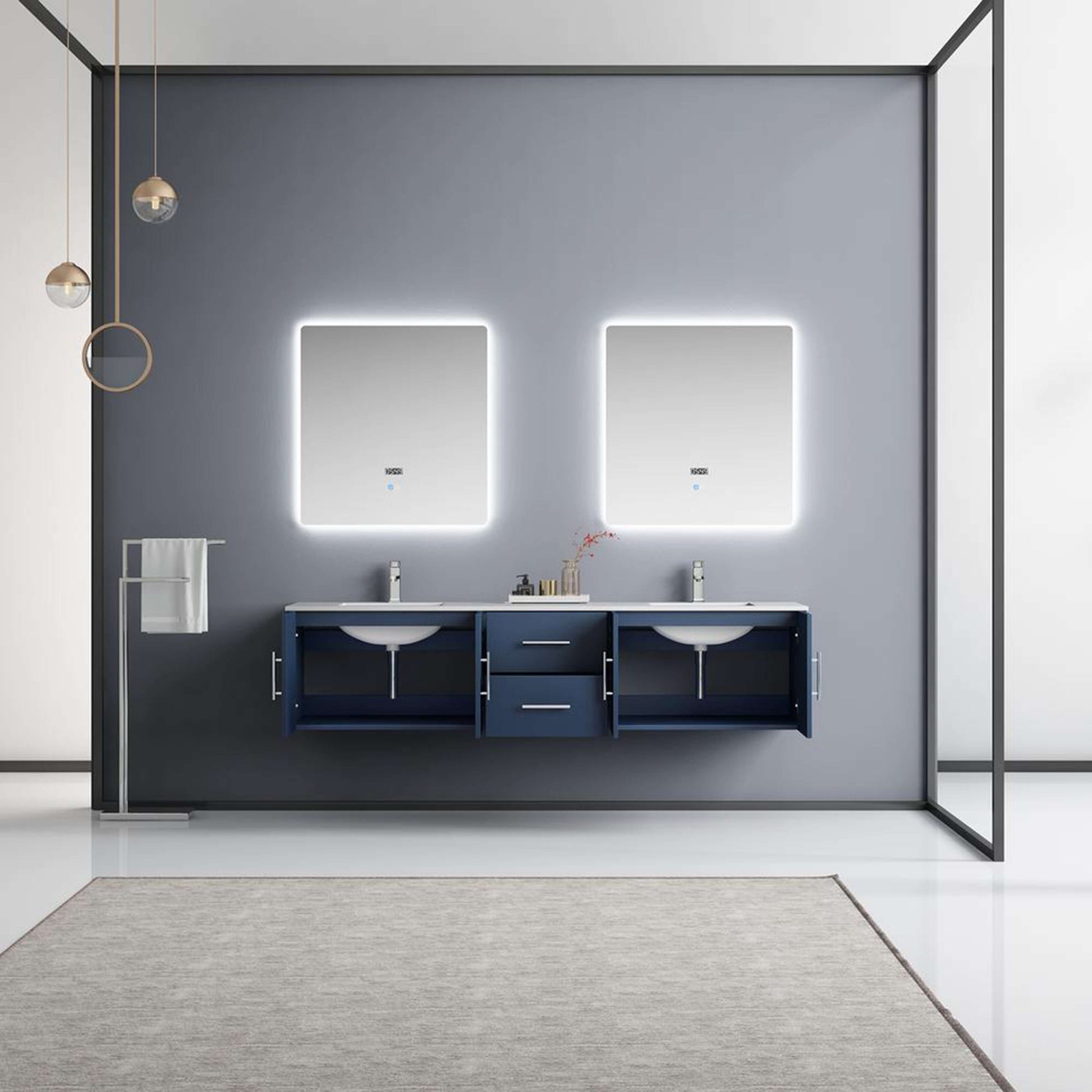 Geneva 80" Navy Blue Double Vanity, White Carrara Marble Top, White Square Sinks and 30" LED Mirrors - LG192280DEDSLM30