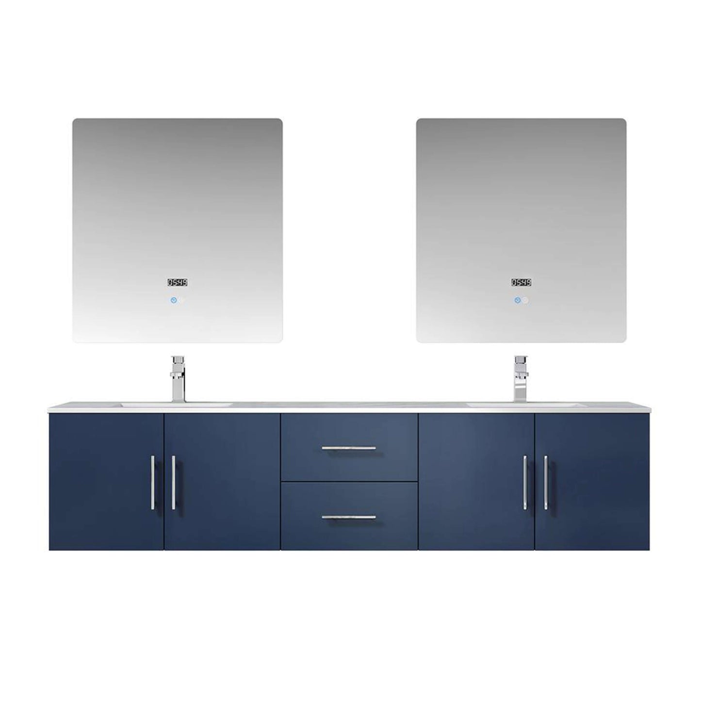 Geneva 80" Navy Blue Double Vanity, White Carrara Marble Top, White Square Sinks and 30" LED Mirrors - LG192280DEDSLM30