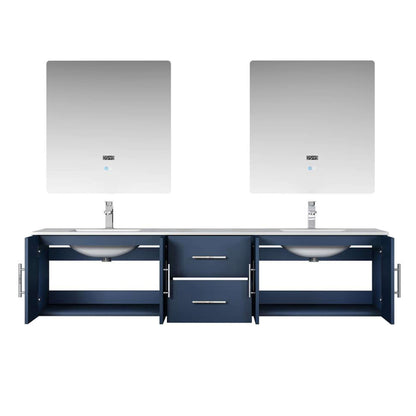 Geneva 80" Navy Blue Double Vanity, White Carrara Marble Top, White Square Sinks and 30" LED Mirrors - LG192280DEDSLM30