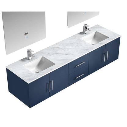 Geneva 80" Navy Blue Double Vanity, White Carrara Marble Top, White Square Sinks and 30" LED Mirrors - LG192280DEDSLM30