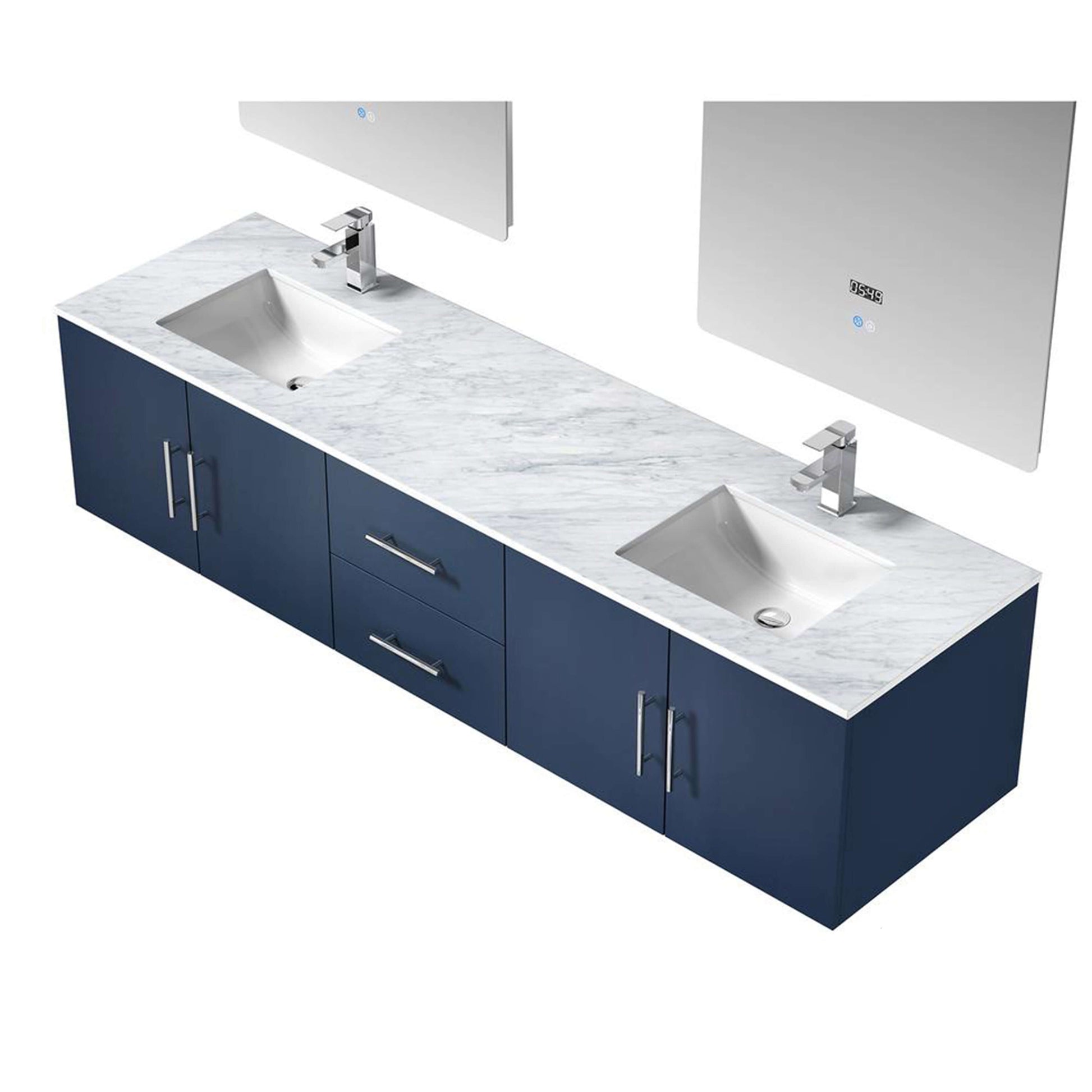 Geneva 80" Navy Blue Double Vanity, White Carrara Marble Top, White Square Sinks and 30" LED Mirrors - LG192280DEDSLM30