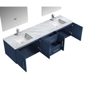 Geneva 80" Navy Blue Double Vanity, White Carrara Marble Top, White Square Sinks and 30" LED Mirrors - LG192280DEDSLM30