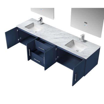 Geneva 80" Navy Blue Double Vanity, White Carrara Marble Top, White Square Sinks and 30" LED Mirrors - LG192280DEDSLM30