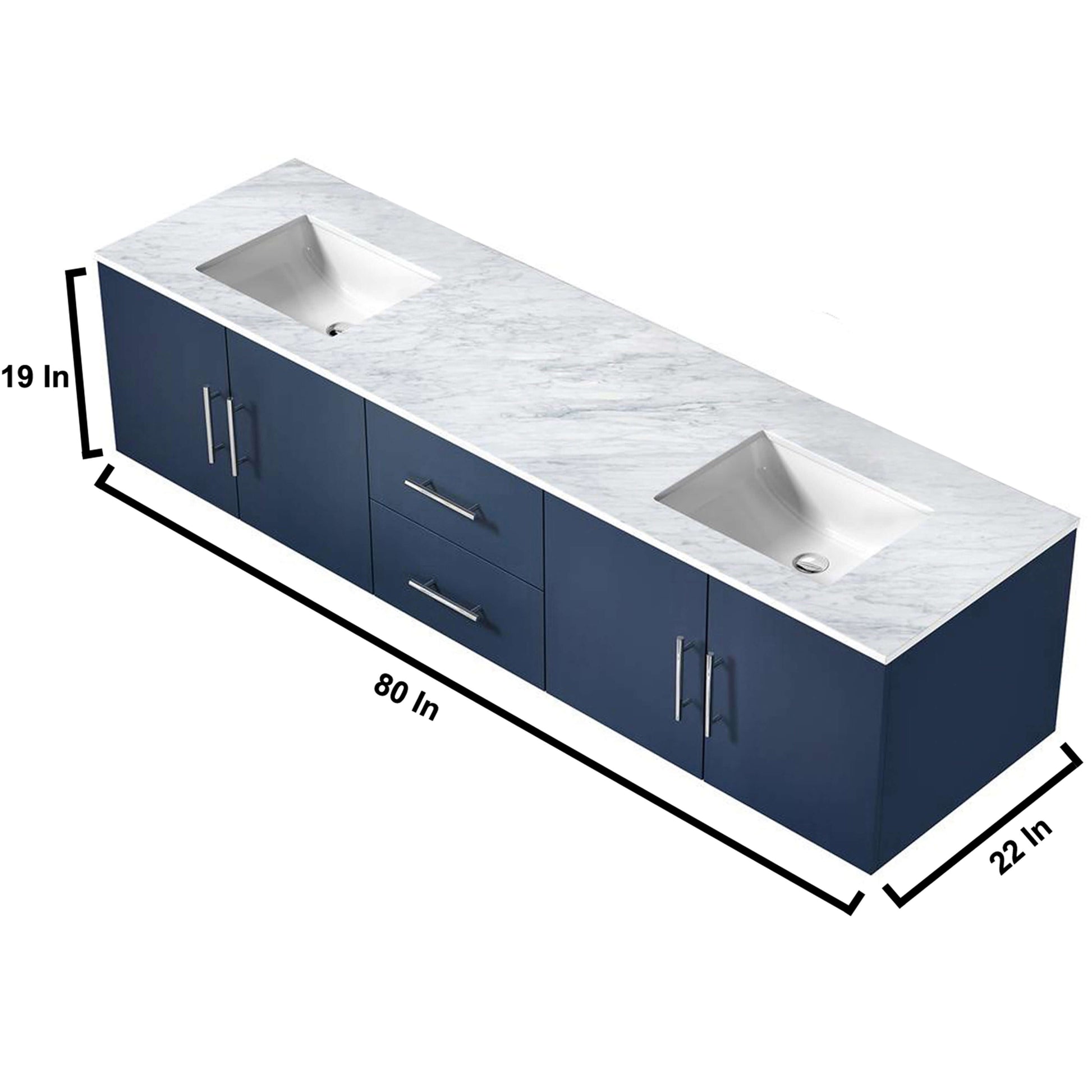 Geneva 80" Navy Blue Double Vanity, White Carrara Marble Top, White Square Sinks and 30" LED Mirrors - LG192280DEDSLM30