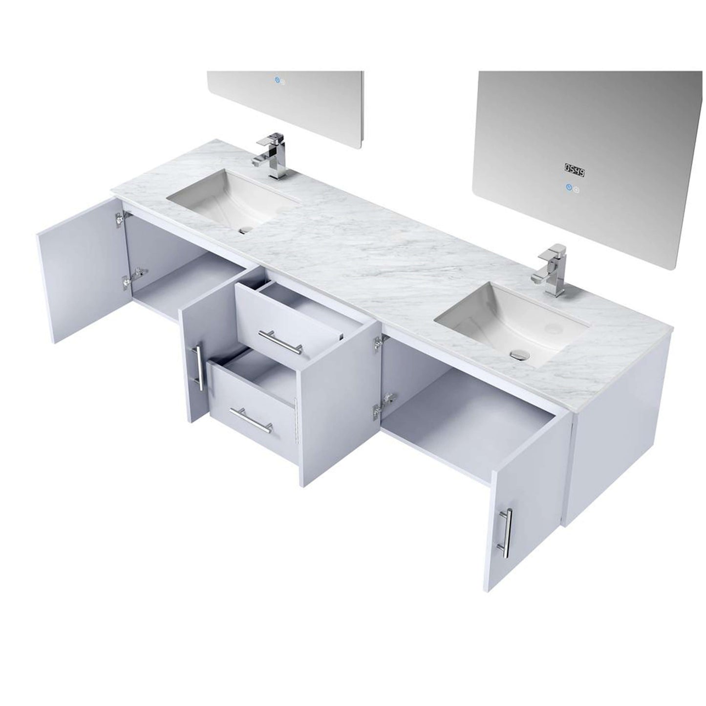 80" Glossy White Double Vanity Ensemble with White Carrara Marble Top with White Ceramic Square Undermount Sinks and 30 inch LED Mirrors - LG192280DMDSLM30F