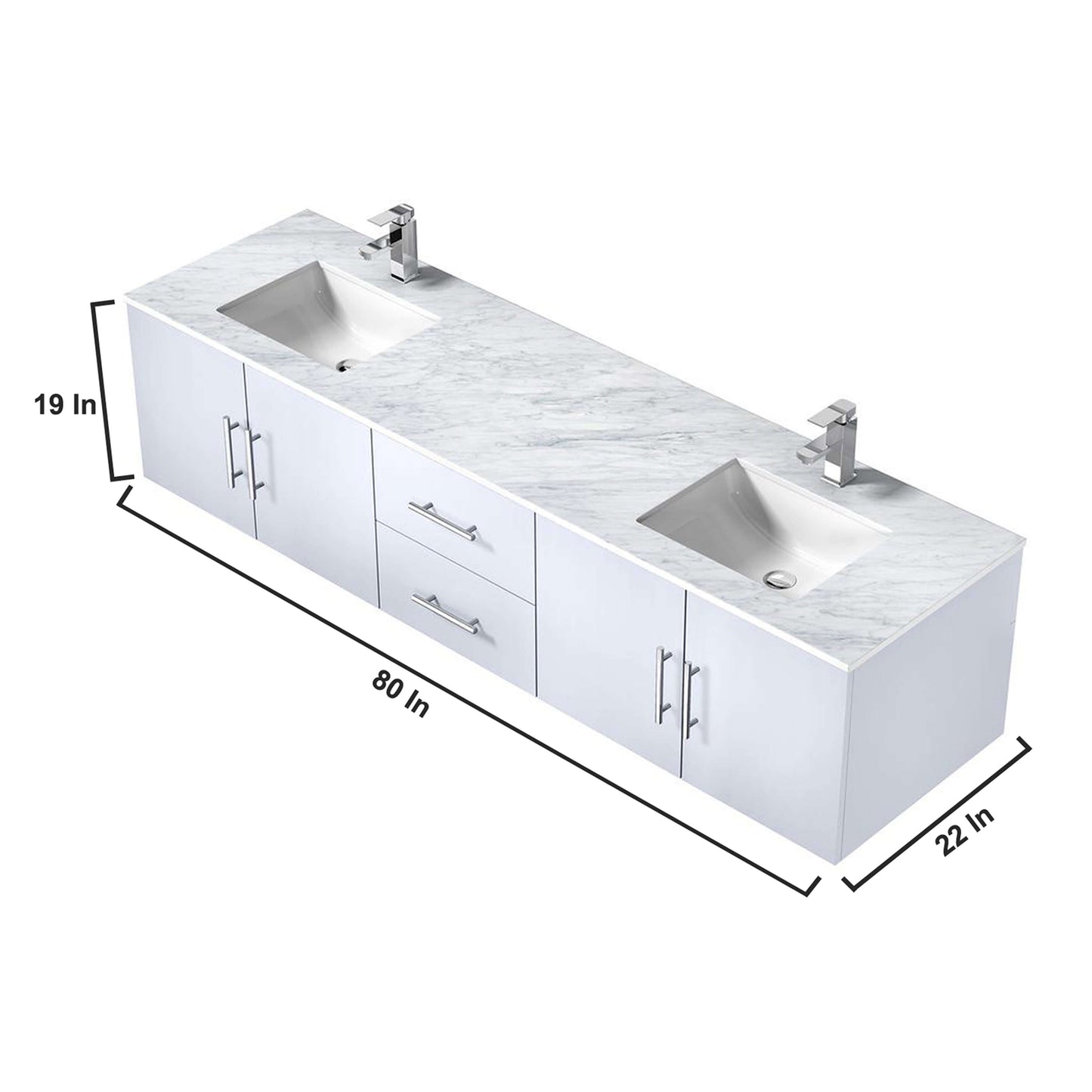 80" Glossy White Double Vanity Ensemble with White Carrara Marble Top with White Ceramic Square Undermount Sinks and 30 inch LED Mirrors - LG192280DMDSLM30F