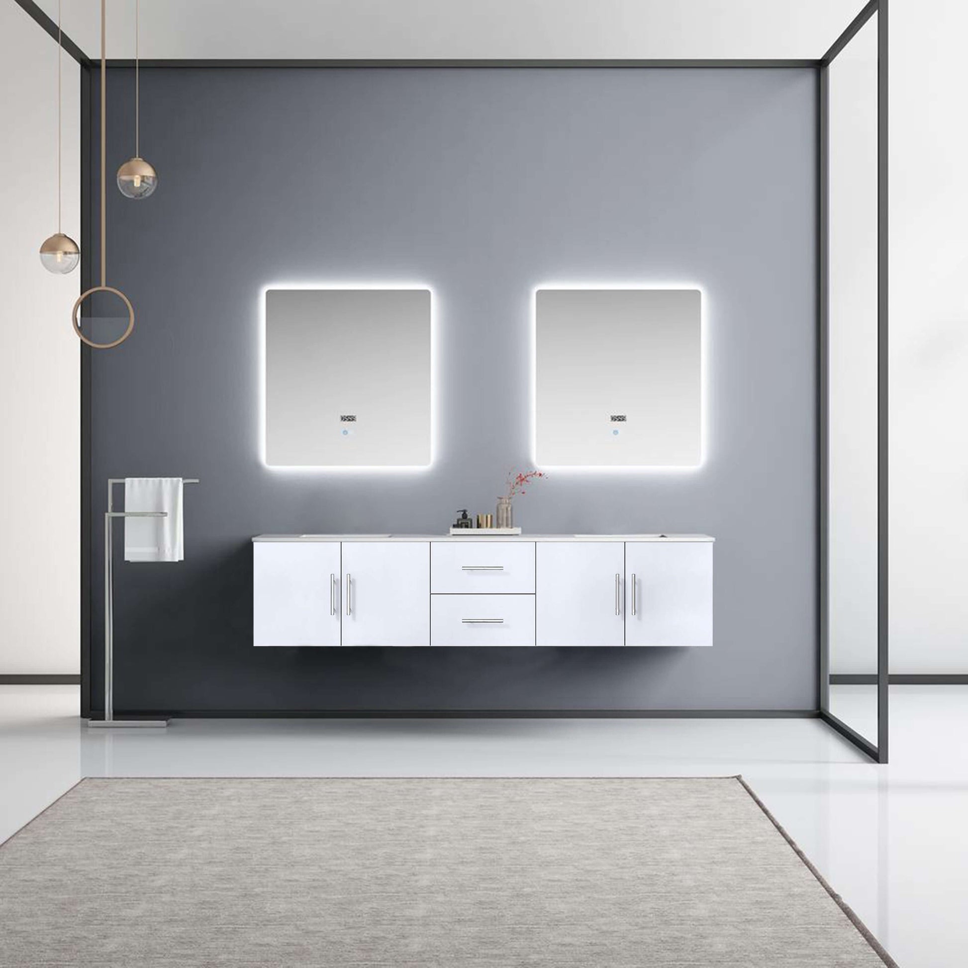 80" Glossy White Double Vanity Ensemble with White Carrara Marble Top with White Ceramic Square Undermount Sinks and 30 inch LED Mirrors - LG192280DMDSLM30F