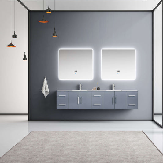 Geneva 84" Dark Grey Double Vanity, White Carrara Marble Top, White Square Sinks and 36" LED Mirrors - LG192284DBDSLM36