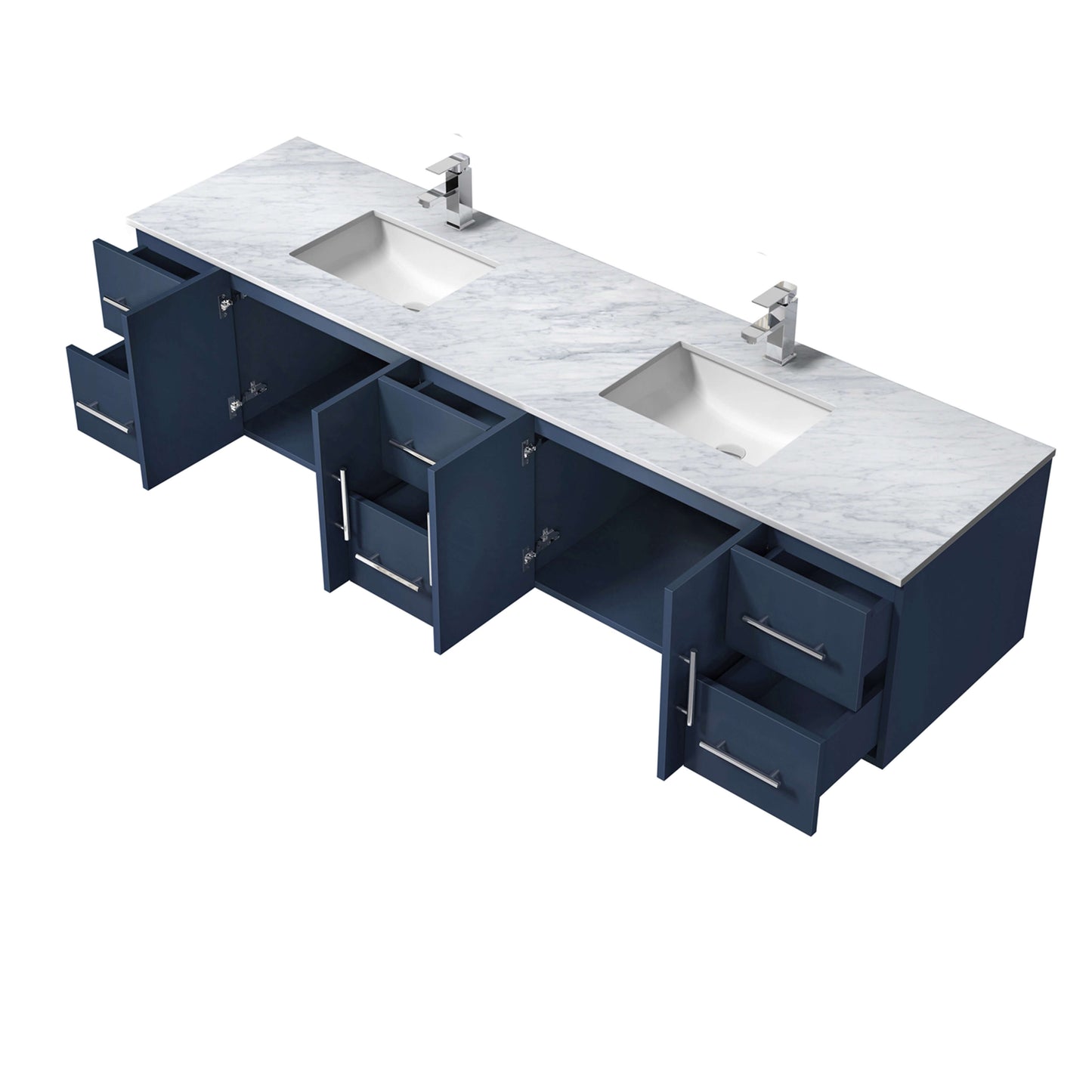 Geneva 84" Navy Blue Double Vanity, White Carrara Marble Top, White Square Sinks and 36" LED Mirrors - LG192284DEDSLM36