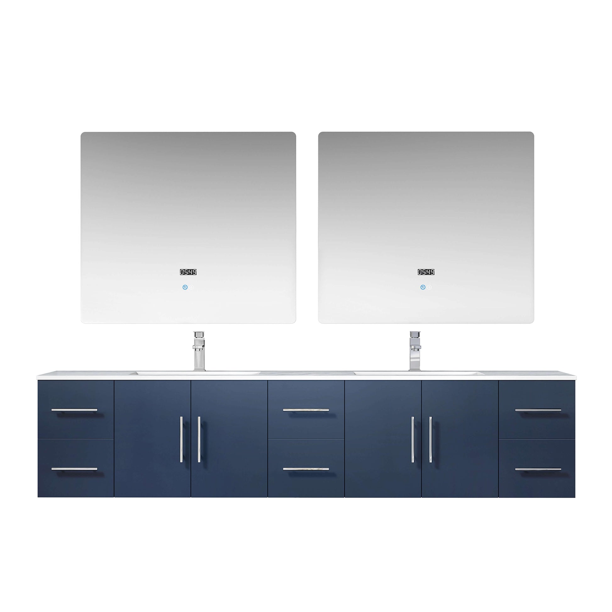 Geneva 84" Navy Blue Double Vanity, White Carrara Marble Top, White Square Sinks and 36" LED Mirrors - LG192284DEDSLM36