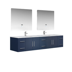 Geneva 84" Navy Blue Double Vanity, White Carrara Marble Top, White Square Sinks and 36" LED Mirrors - LG192284DEDSLM36