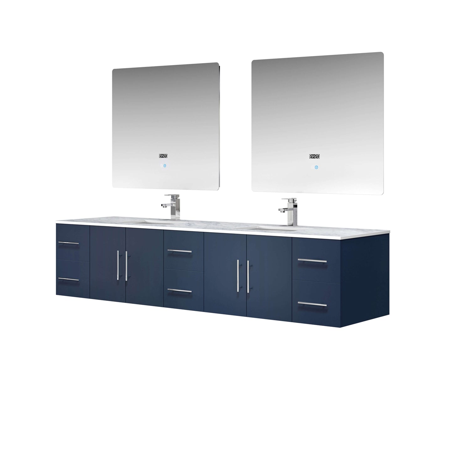 Geneva 84" Navy Blue Double Vanity, White Carrara Marble Top, White Square Sinks and 36" LED Mirrors - LG192284DEDSLM36