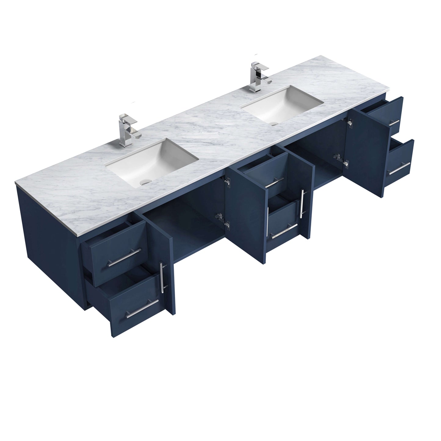 Geneva 84" Navy Blue Double Vanity, White Carrara Marble Top, White Square Sinks and 36" LED Mirrors - LG192284DEDSLM36