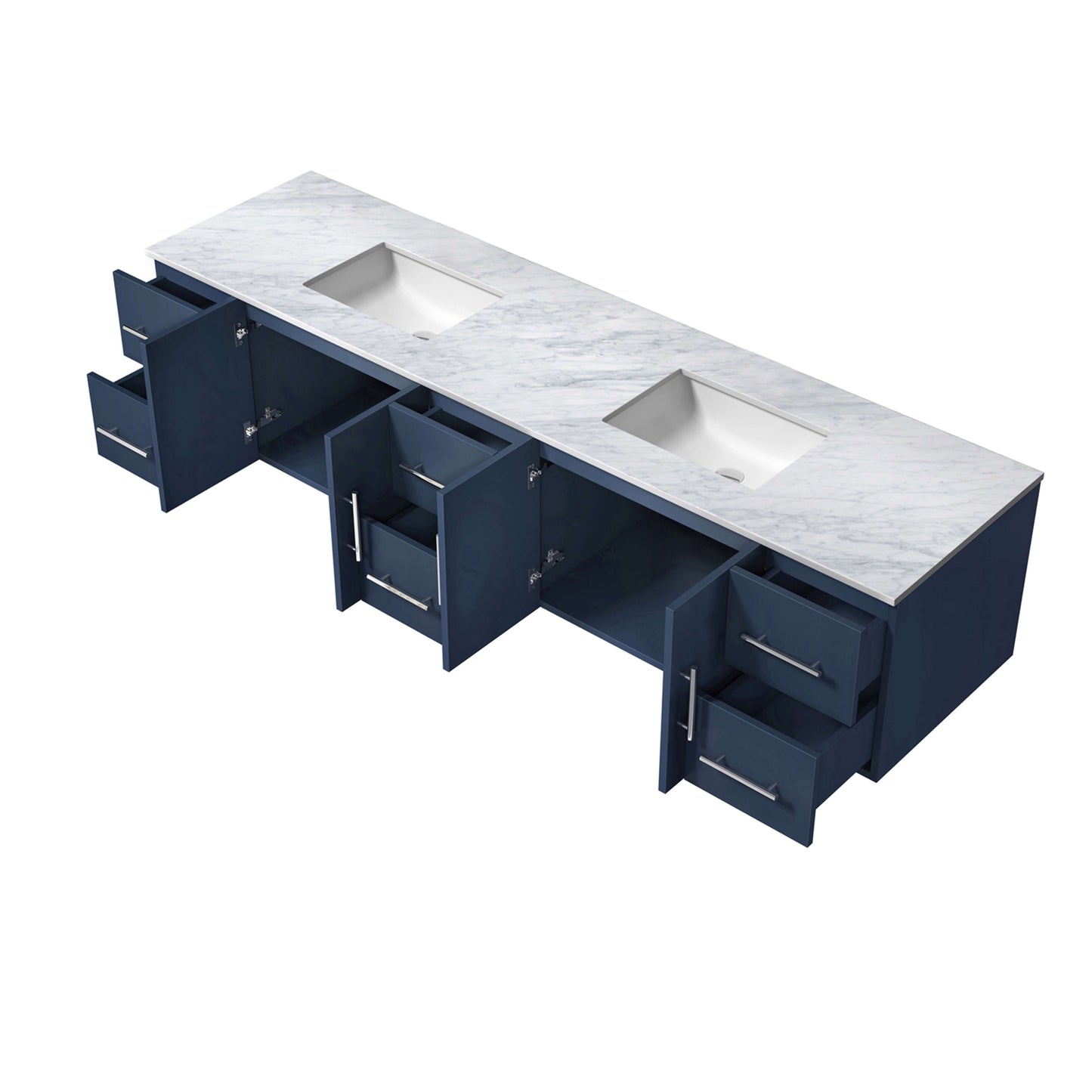 Geneva 84" Navy Blue Double Vanity, White Carrara Marble Top, White Square Sinks and 36" LED Mirrors - LG192284DEDSLM36