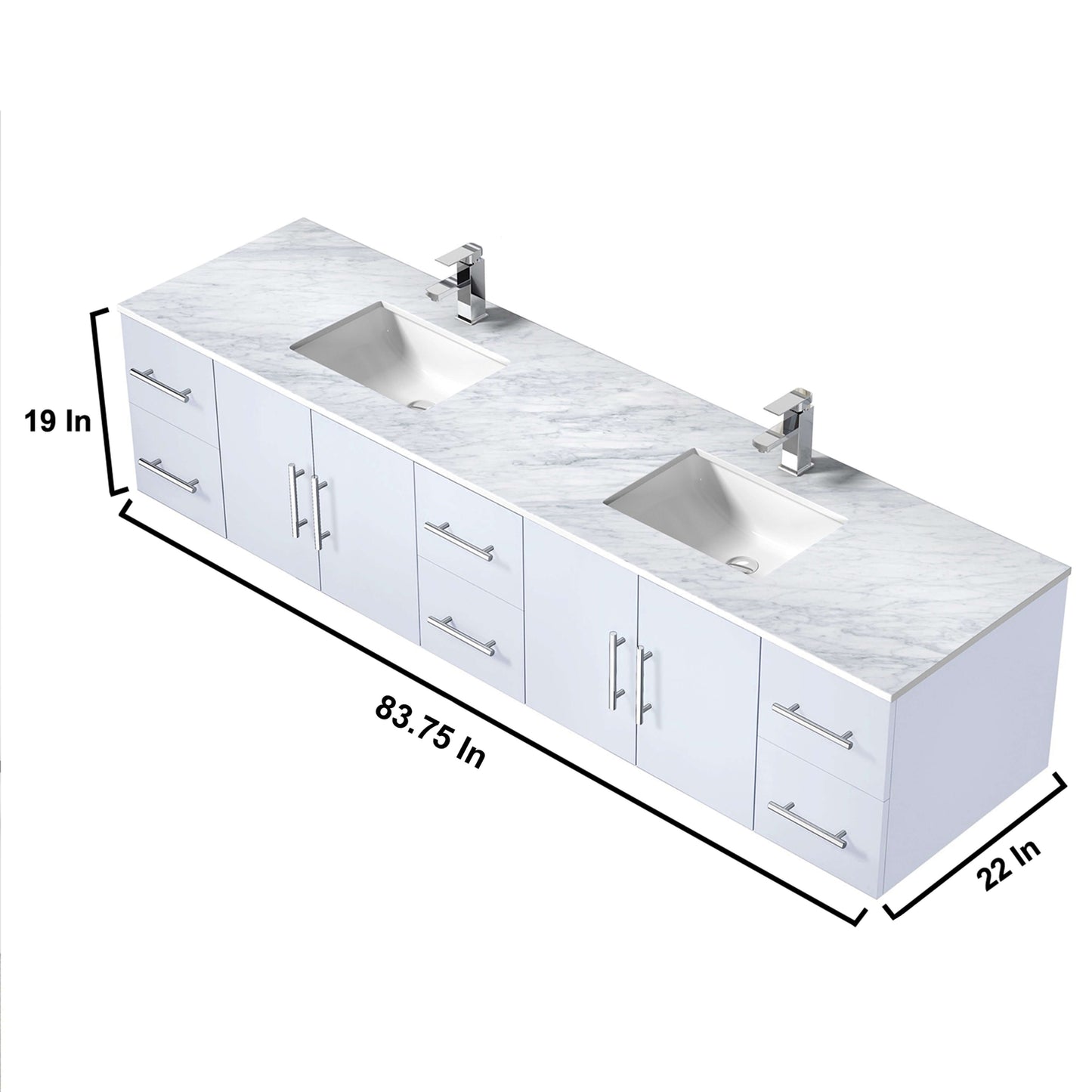 84" Glossy White Double Vanity Ensemble with White Carrara Marble Top with White Ceramic Square Undermount Sinks and 36 inch LED Mirrors - LG192284DMDSLM36F