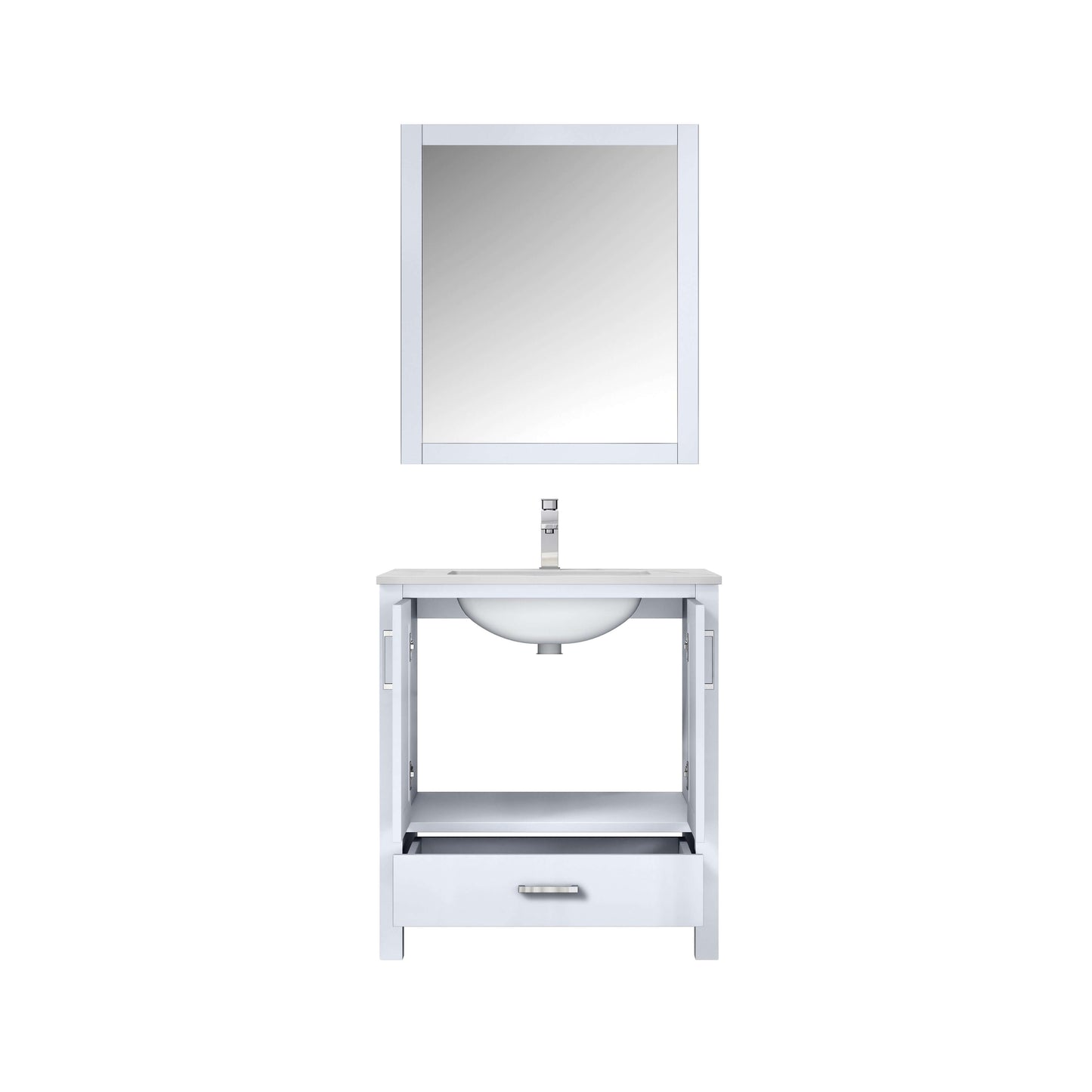 Jacques 30" White Single Vanity, White Carrara Marble Top, White Square Sink and 28" Mirror - LJ342230SADSM28