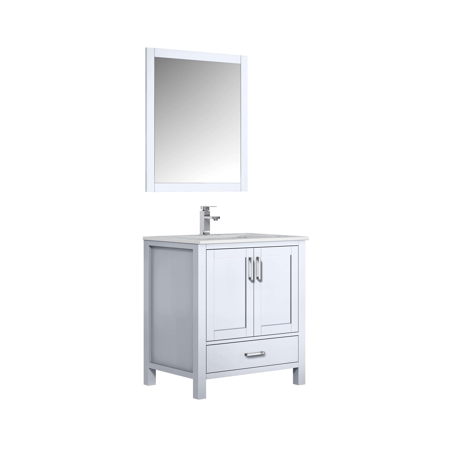 Jacques 30" White Single Vanity, White Carrara Marble Top, White Square Sink and 28" Mirror - LJ342230SADSM28