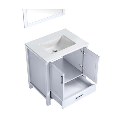 Jacques 30" White Single Vanity, White Quartz Top, White Square Sink and 28" Mirror - LJ342230SAWQM28