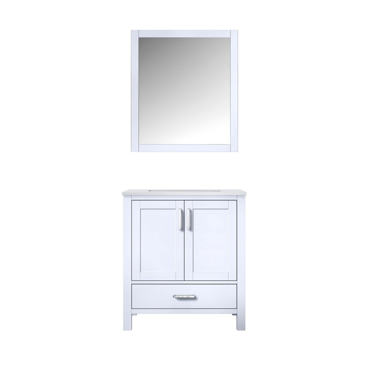 Jacques 30" White Single Vanity, White Quartz Top, White Square Sink and 28" Mirror - LJ342230SAWQM28