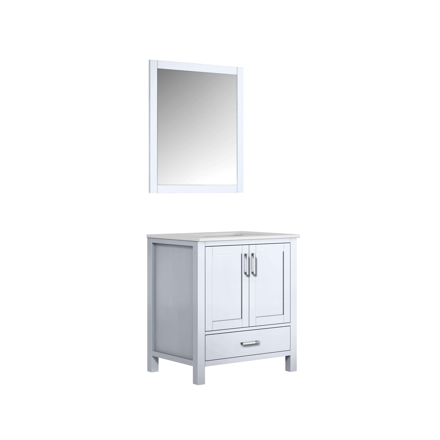 Jacques 30" White Single Vanity, White Quartz Top, White Square Sink and 28" Mirror - LJ342230SAWQM28