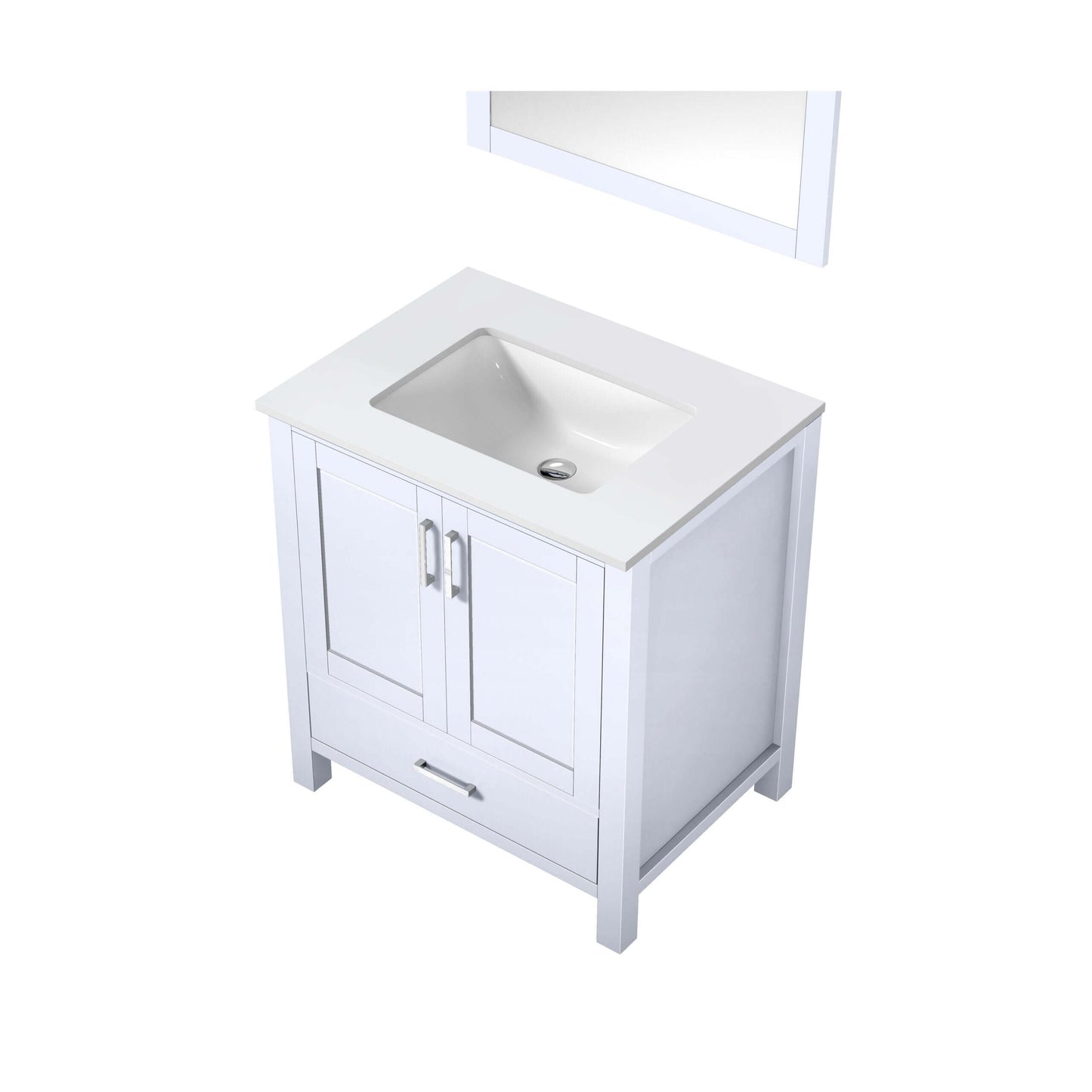 Jacques 30" White Single Vanity, White Quartz Top, White Square Sink and 28" Mirror - LJ342230SAWQM28