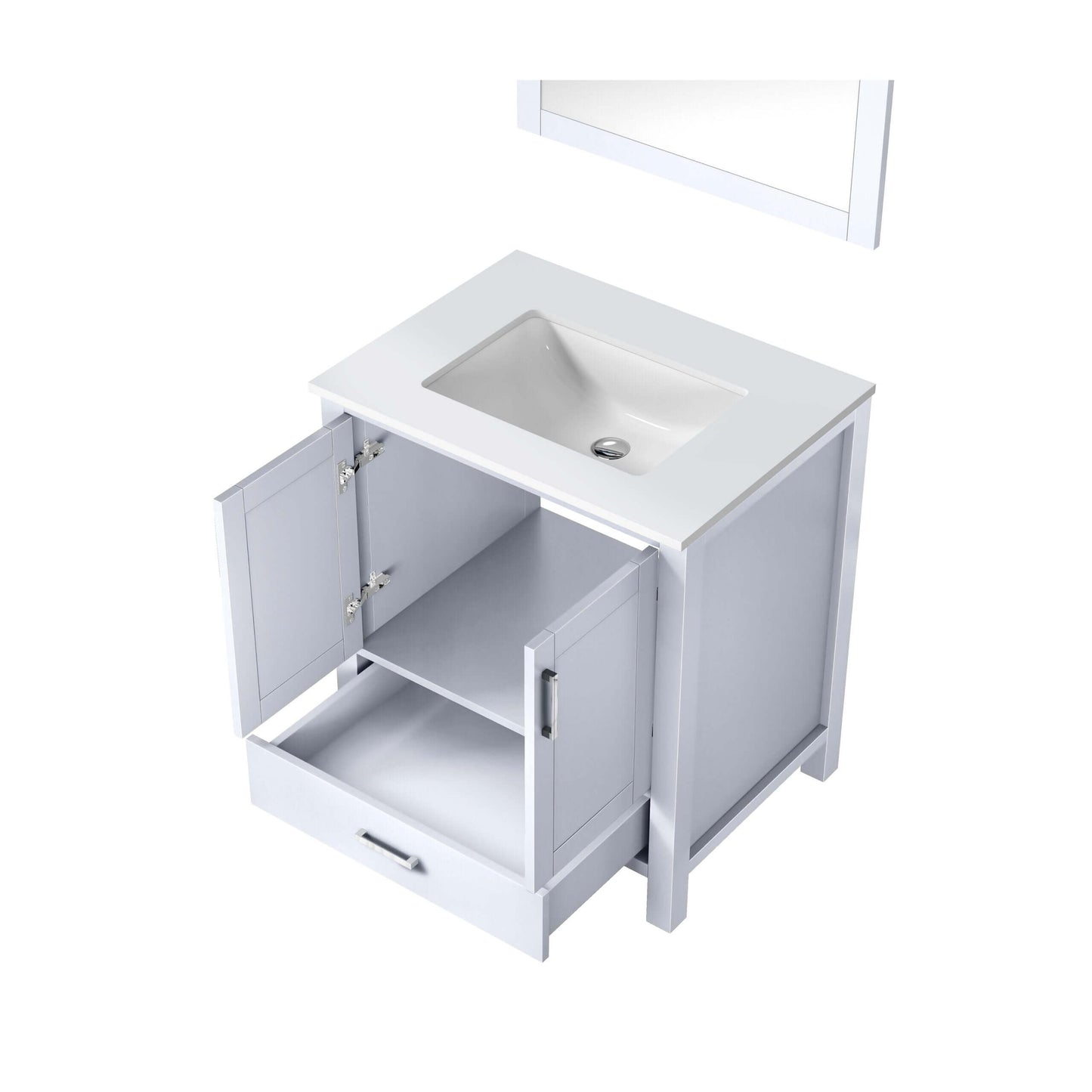 Jacques 30" White Single Vanity, White Quartz Top, White Square Sink and 28" Mirror - LJ342230SAWQM28