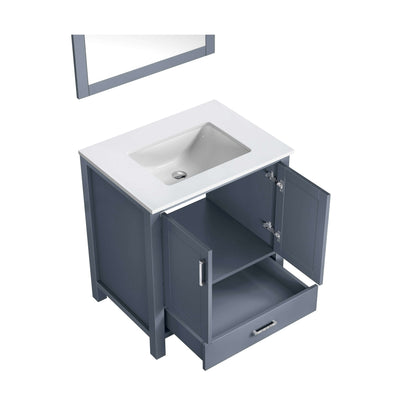 Jacques 30" Dark Grey Single Vanity, White Quartz Top, White Square Sink and 28" Mirror - LJ342230SBWQM28