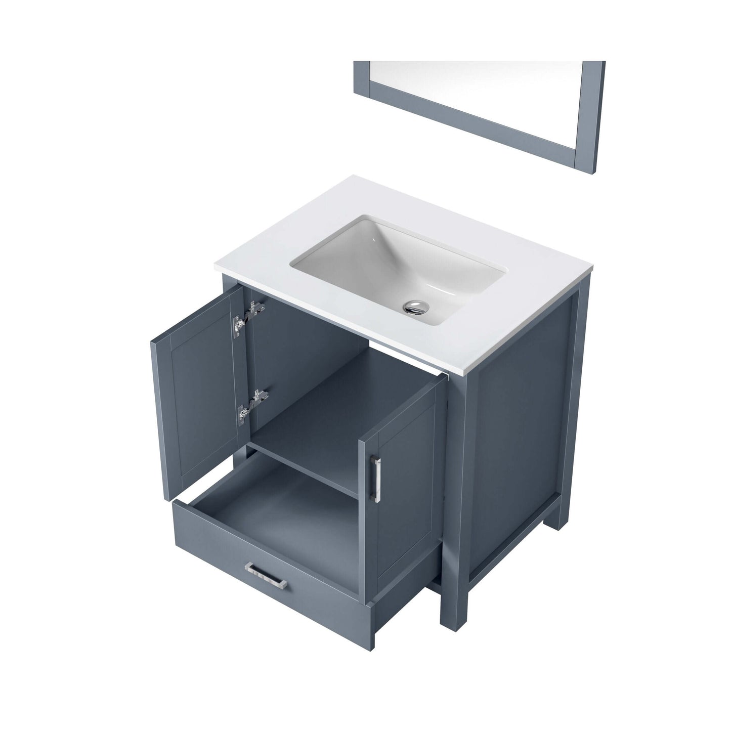 Jacques 30" Dark Grey Single Vanity, White Quartz Top, White Square Sink and 28" Mirror - LJ342230SBWQM28