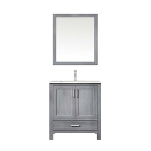 Jacques 30" Distressed Grey Single Vanity, White Carrara Marble Top, White Square Sink and 28" Mirror - LJ342230SDDSM28