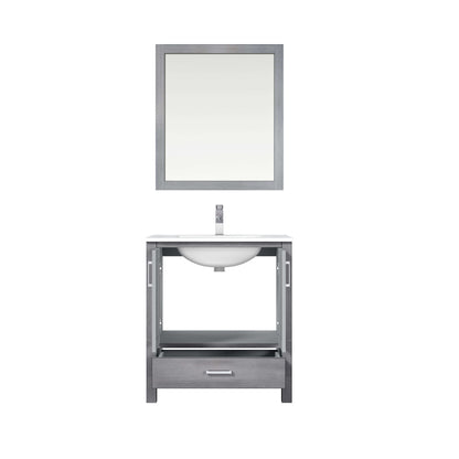 Jacques 30" Distressed Grey Single Vanity, White Carrara Marble Top, White Square Sink and 28" Mirror - LJ342230SDDSM28