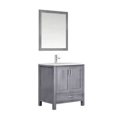 Jacques 30" Distressed Grey Single Vanity, White Carrara Marble Top, White Square Sink and 28" Mirror - LJ342230SDDSM28