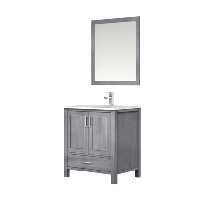 Jacques 30" Distressed Grey Single Vanity, White Carrara Marble Top, White Square Sink and 28" Mirror - LJ342230SDDSM28