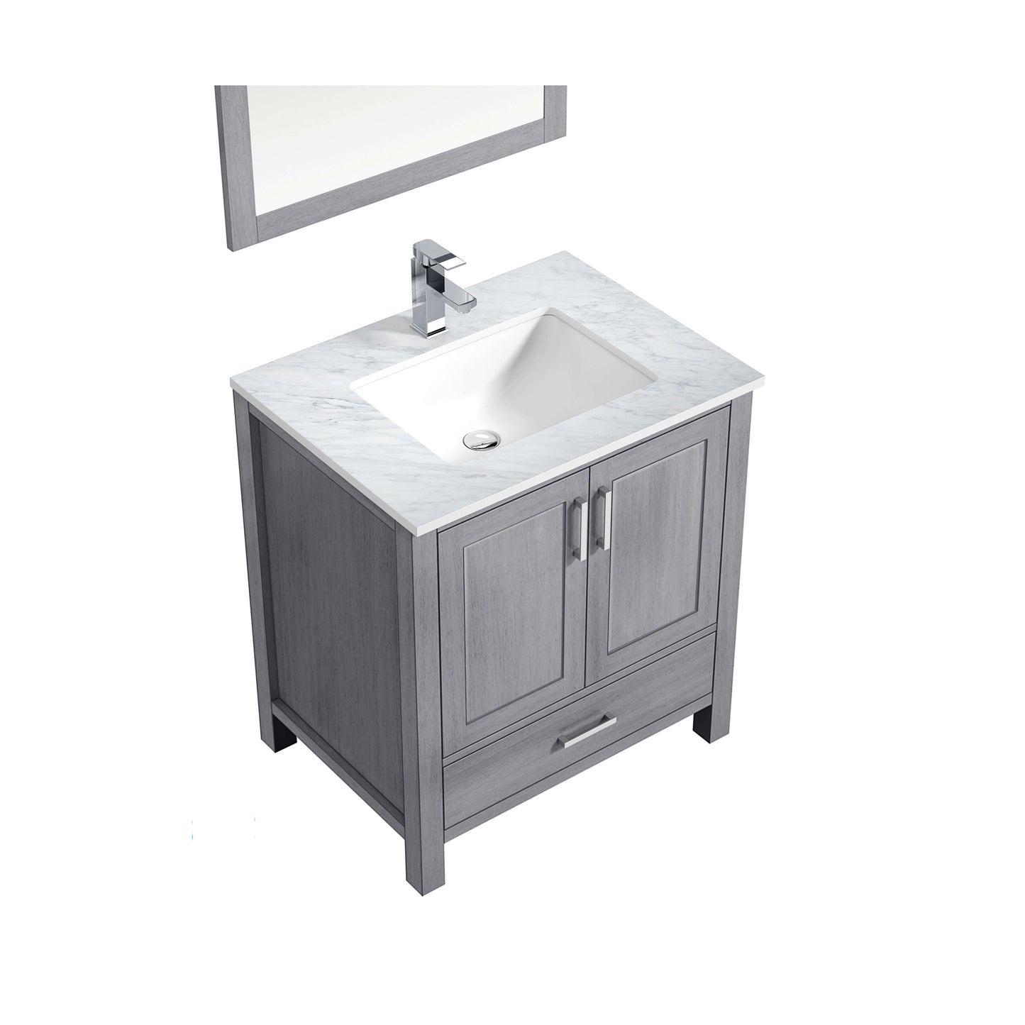 Jacques 30" Distressed Grey Single Vanity, White Carrara Marble Top, White Square Sink and 28" Mirror - LJ342230SDDSM28