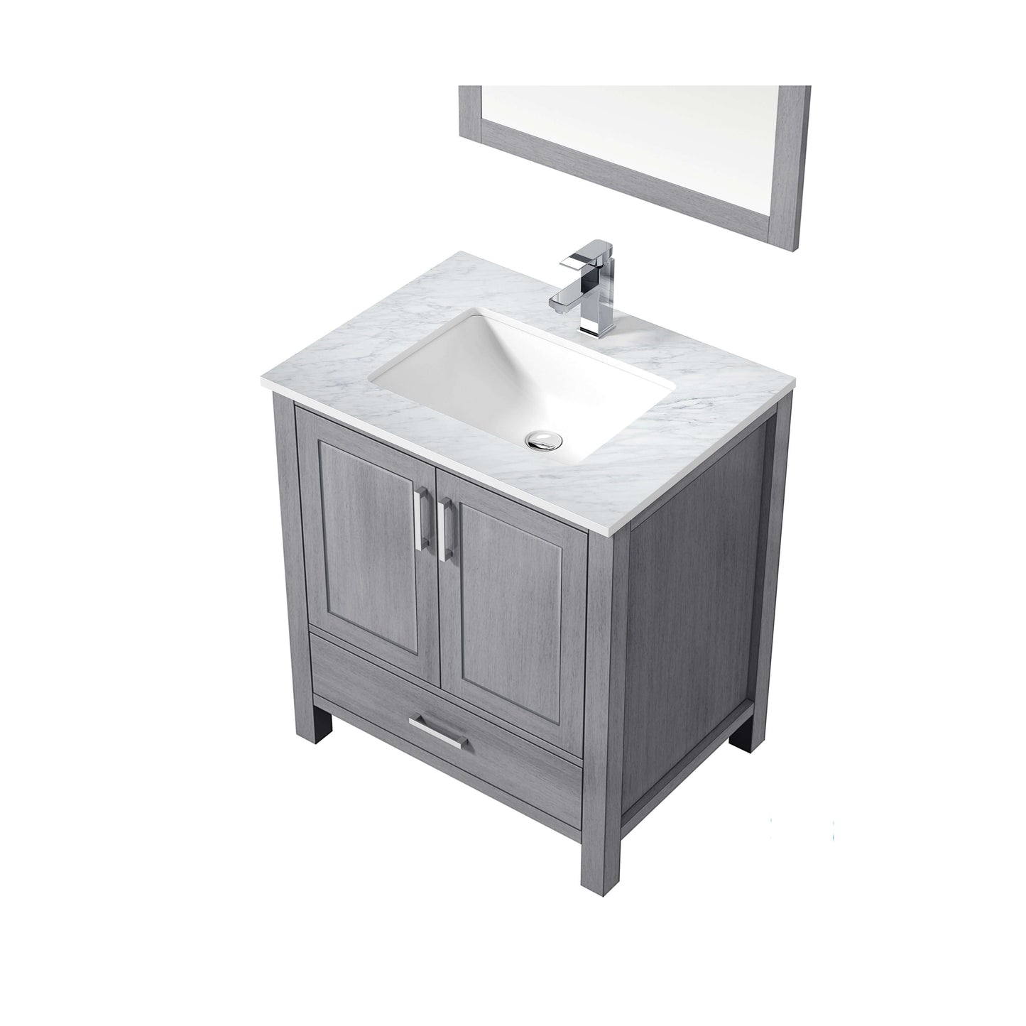 Jacques 30" Distressed Grey Single Vanity, White Carrara Marble Top, White Square Sink and 28" Mirror - LJ342230SDDSM28