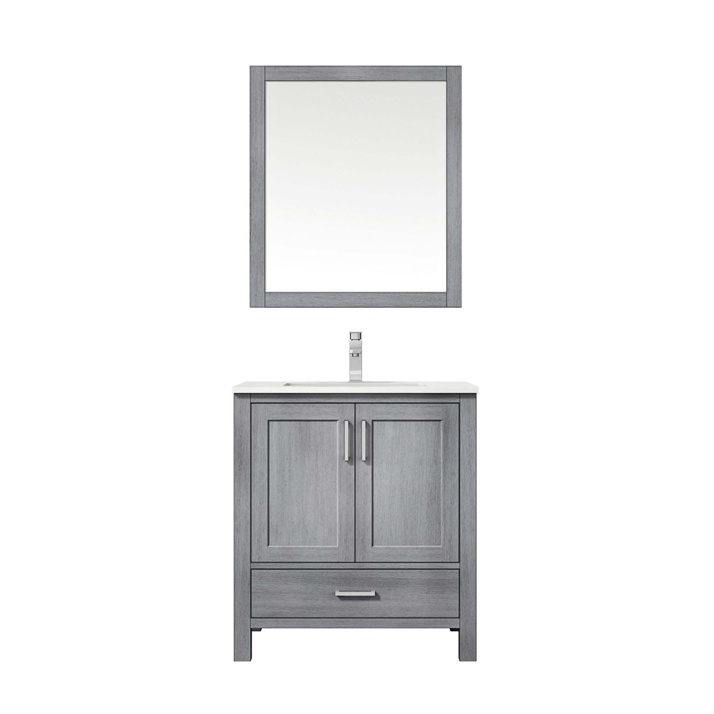 Jacques 30" Distressed Grey Single Vanity, White Quartz Top, White Square Sink and 28" Mirror - LJ342230SDWQM28