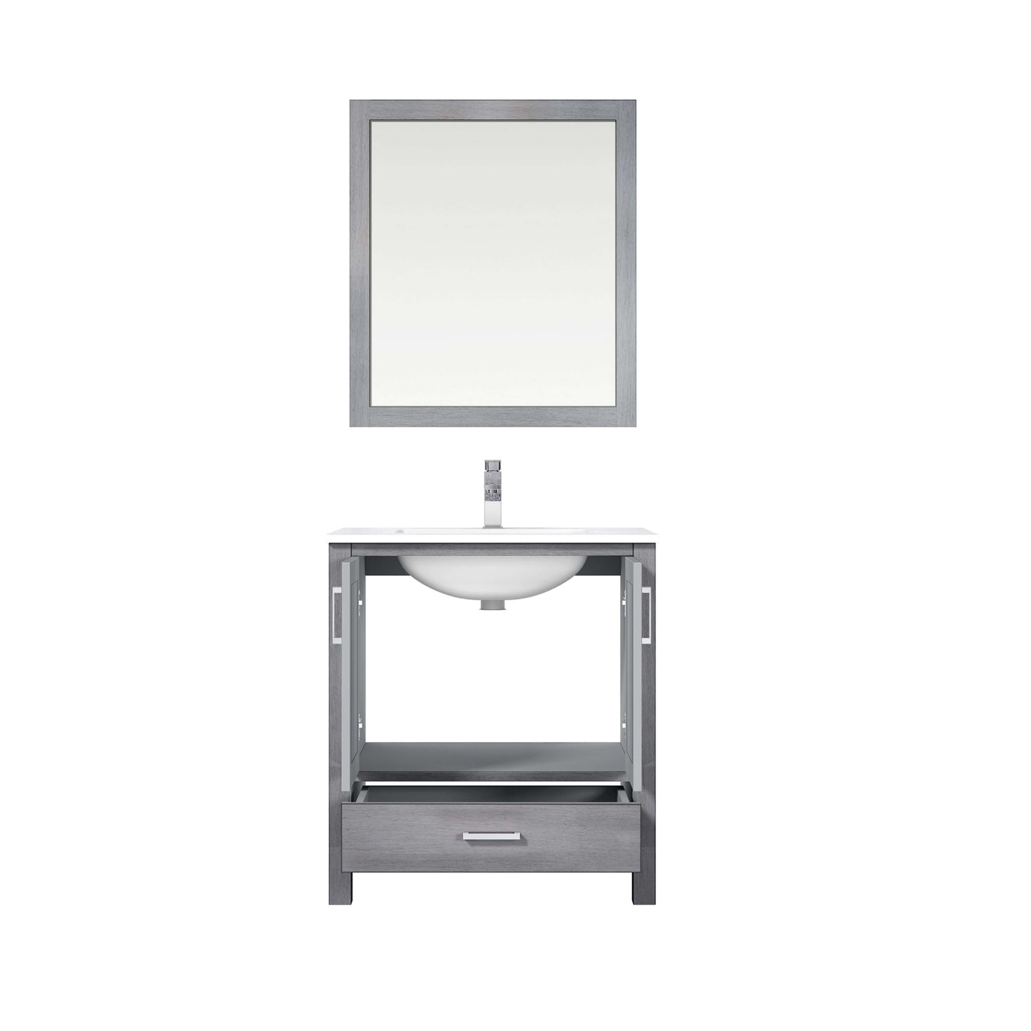 Jacques 30" Distressed Grey Single Vanity, White Quartz Top, White Square Sink and 28" Mirror - LJ342230SDWQM28