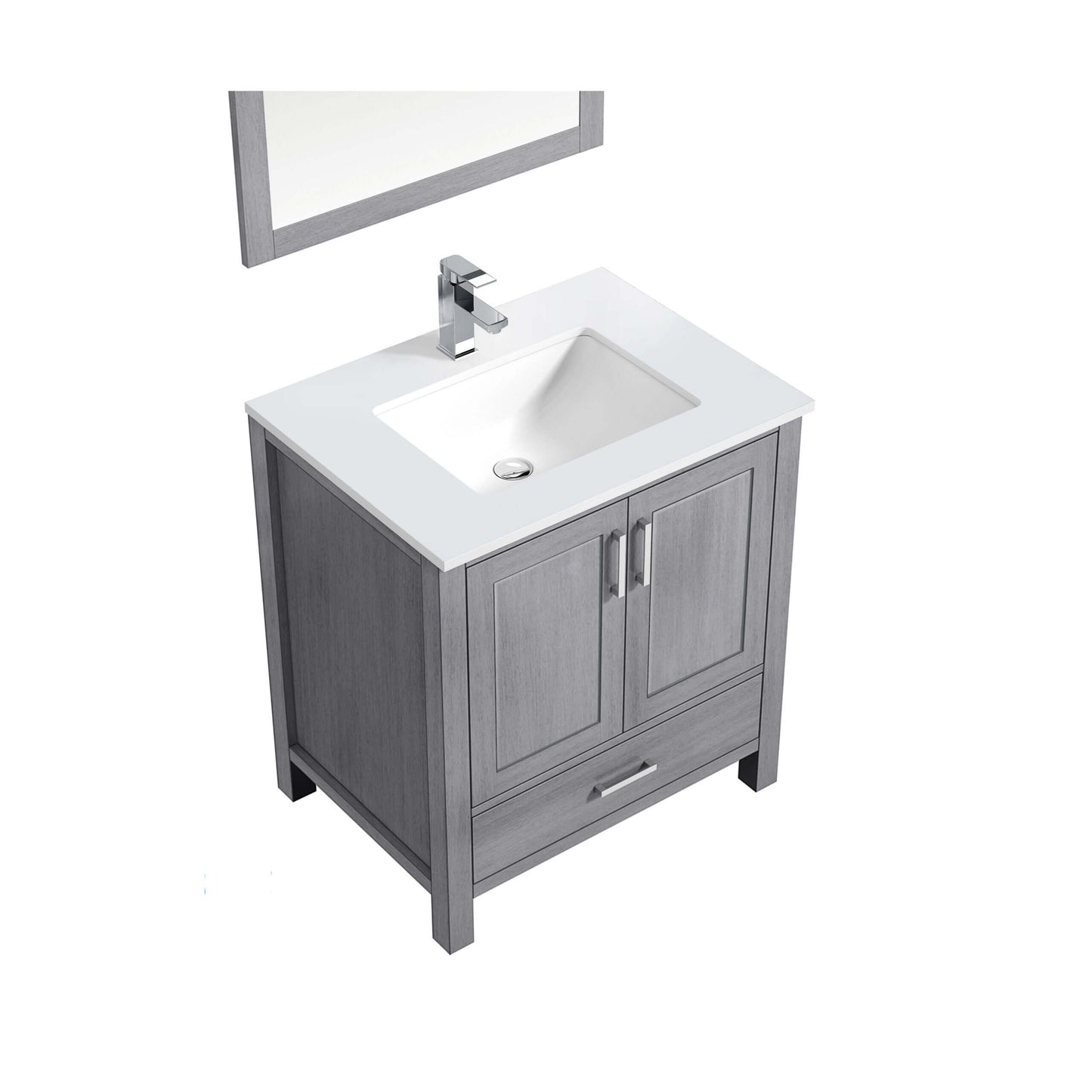 Jacques 30" Distressed Grey Single Vanity, White Quartz Top, White Square Sink and 28" Mirror - LJ342230SDWQM28