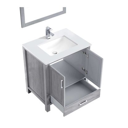 Jacques 30" Distressed Grey Single Vanity, White Quartz Top, White Square Sink and 28" Mirror - LJ342230SDWQM28