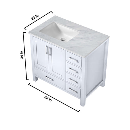 Jacques 36" White Single Vanity, White Carrara Marble Top, White Square Sink and no Mirror - Left Version - LJ342236SADS000L