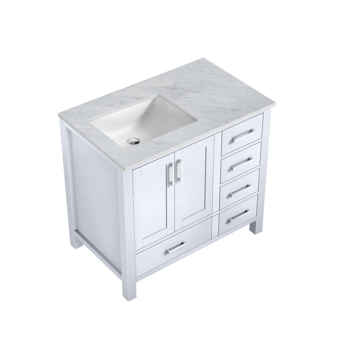 Jacques 36" White Single Vanity, White Carrara Marble Top, White Square Sink and no Mirror - Left Version - LJ342236SADS000L