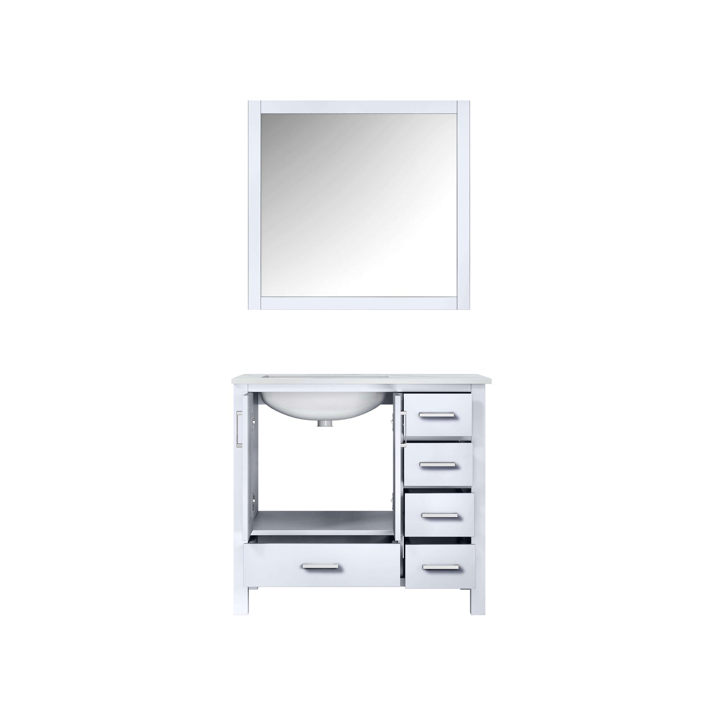 Jacques 36" White Single Vanity, White Carrara Marble Top, White Square Sink and 34" Mirror - Left Version - LJ342236SADSM34L