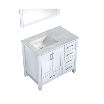 Jacques 36" White Single Vanity, White Carrara Marble Top, White Square Sink and 34" Mirror - Left Version - LJ342236SADSM34L