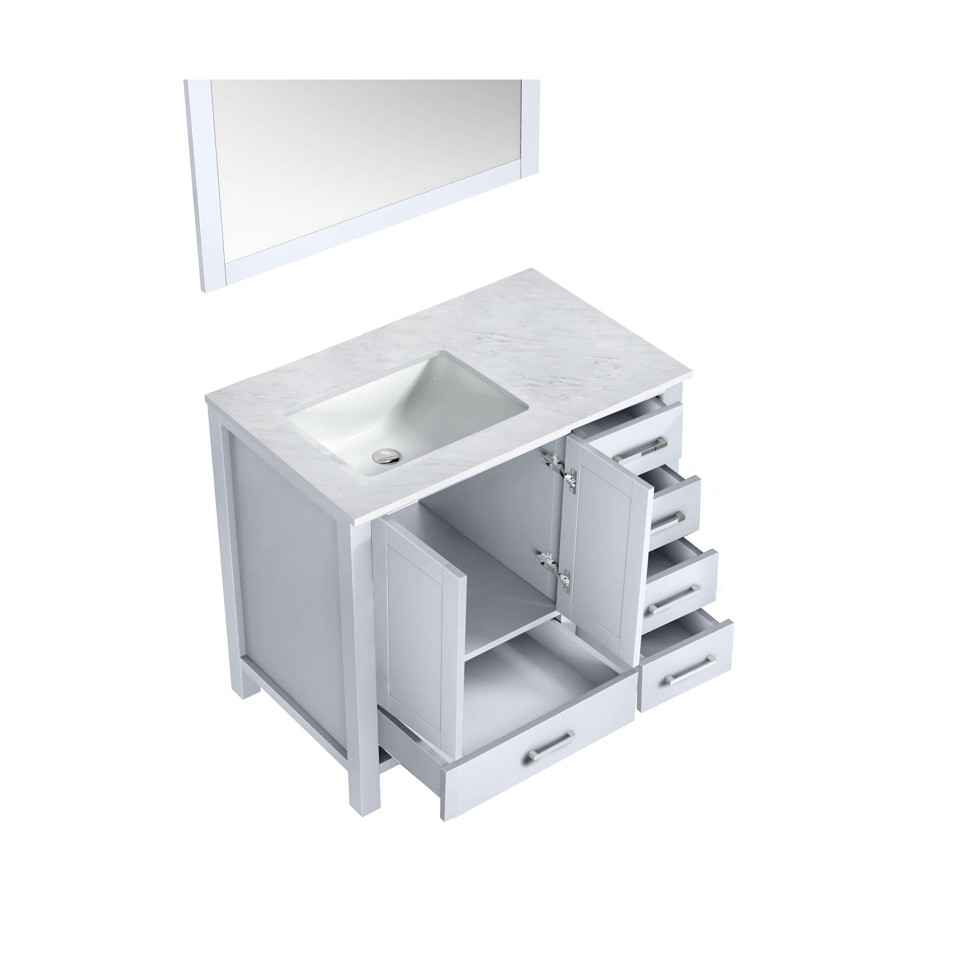 Jacques 36" White Single Vanity, White Carrara Marble Top, White Square Sink and 34" Mirror - Left Version - LJ342236SADSM34L