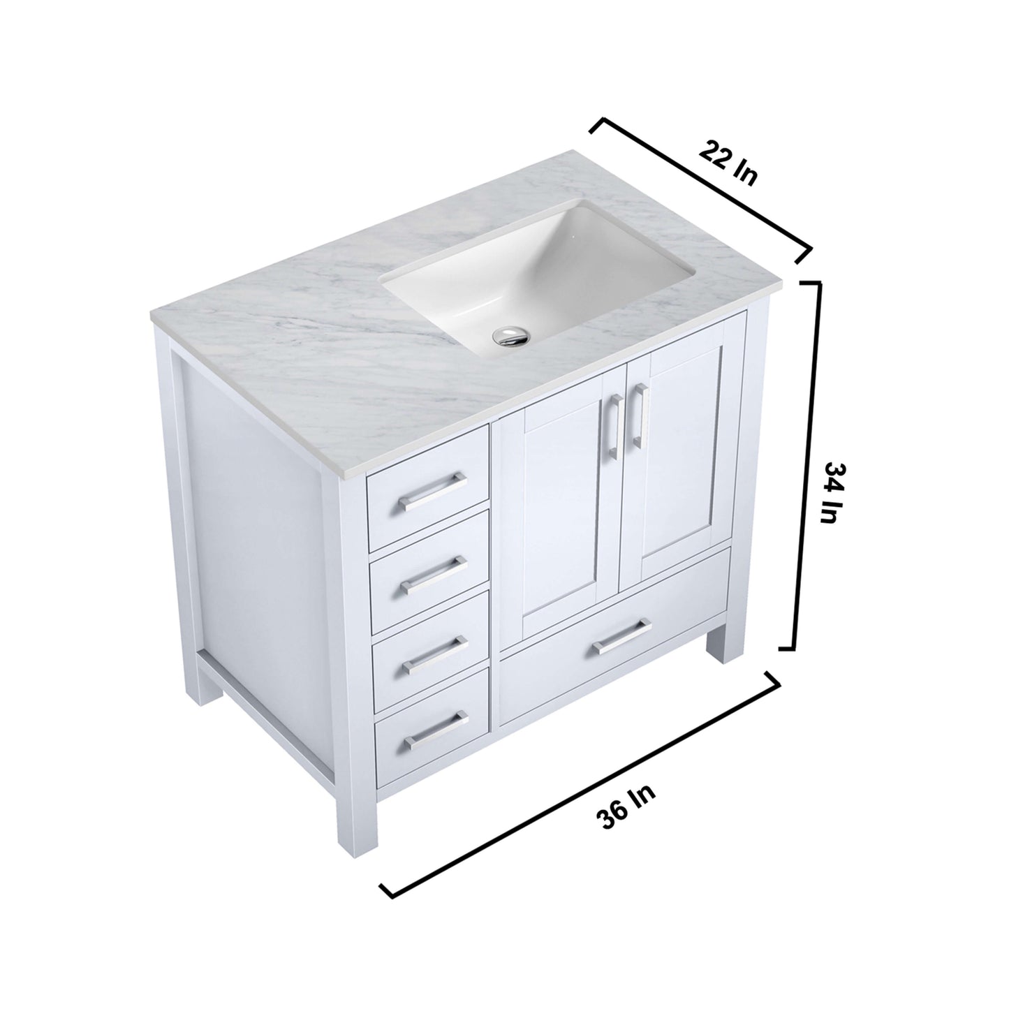 Jacques 36" White Single Vanity, White Carrara Marble Top, White Square Sink and 34" Mirror - Right Version - LJ342236SADSM34R