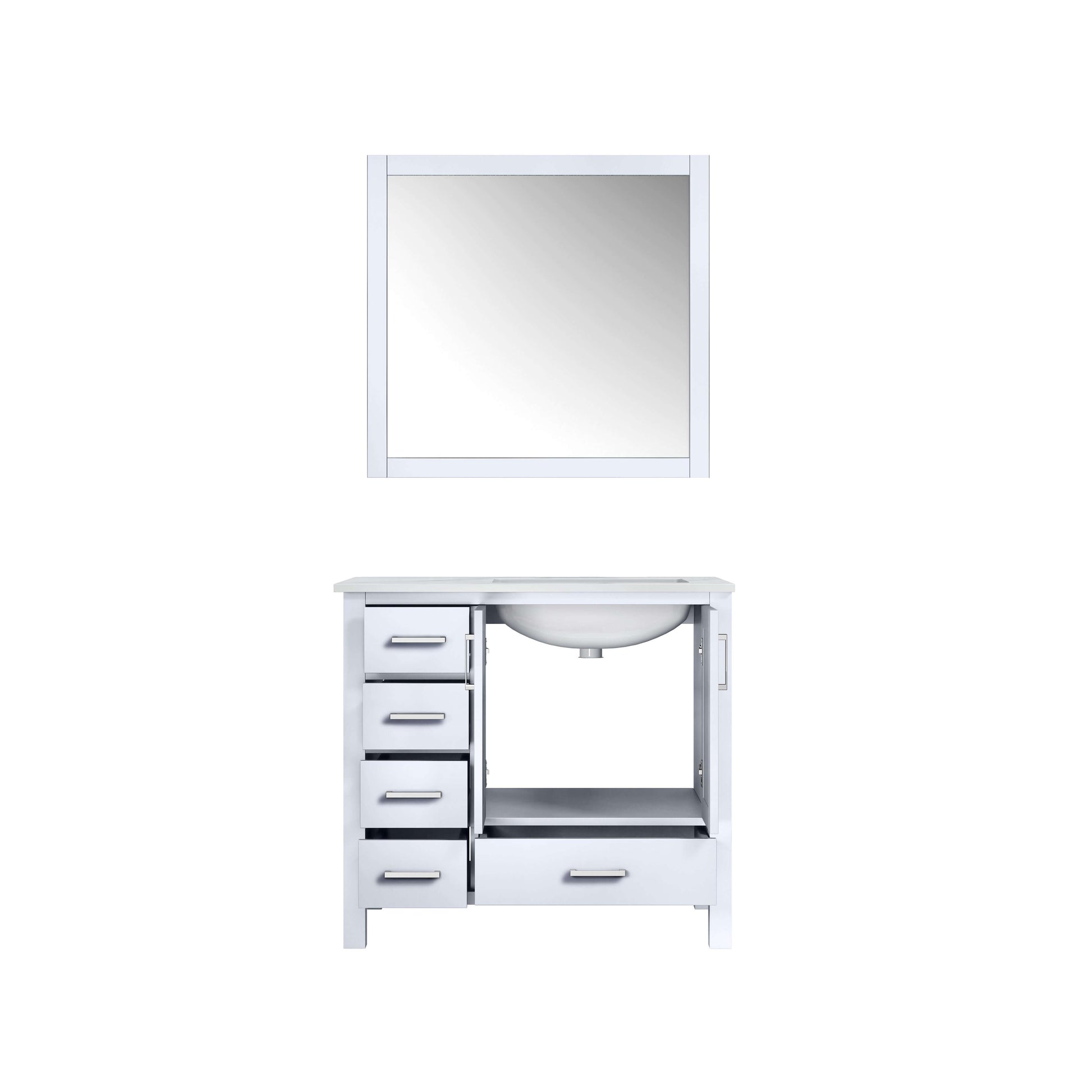 Jacques 36" White Single Vanity, White Carrara Marble Top, White Square Sink and 34" Mirror - Right Version - LJ342236SADSM34R