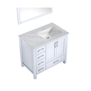 Jacques 36" White Single Vanity, White Carrara Marble Top, White Square Sink and 34" Mirror - Right Version - LJ342236SADSM34R