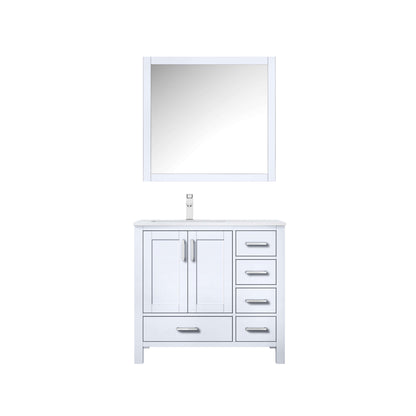 Jacques 36" White Single Vanity, White Carrara Marble Top, White Square Sink and 34" Mirror w/ Faucet - Left Version - LJ342236SADSM34FL