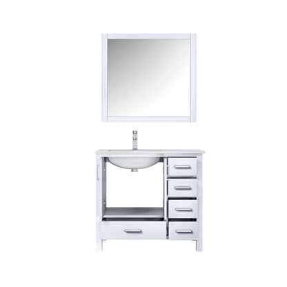 Jacques 36" White Single Vanity, White Carrara Marble Top, White Square Sink and 34" Mirror w/ Faucet - Left Version - LJ342236SADSM34FL